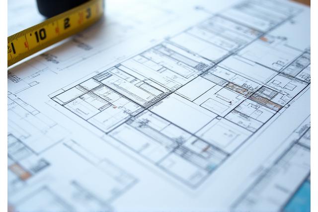 Byggeplaner og arkitektoniske tegninger på et bord